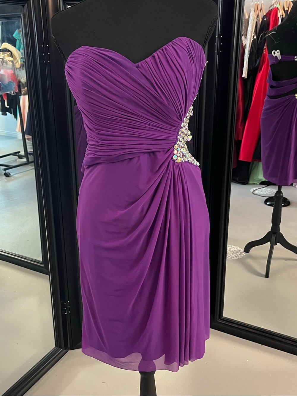 Jump Strapless Purple Cocktail Dress with Rhinestone Side Detail